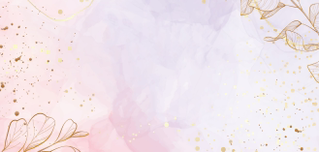 Ein dekorativer, horizontaler Hintergrund im Aquarell-Stil mit sanften Farbverläufen in Rosa, Hellviolett und Weiß. Auf der linken Seite sind feine, goldene Linienzeichnungen von Blättern und Zweigen zu sehen. Über die gesamte Fläche, besonders verdichtet auf der rechten Seite, verteilen sich feine goldene Sprenkel und Punkte, die dem Bild einen eleganten Glanz verleihen.