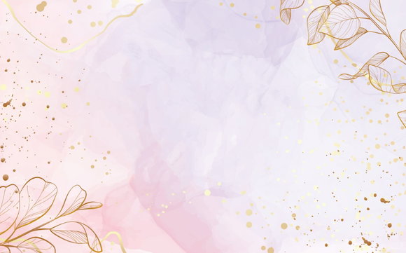 Ein dekorativer, horizontaler Hintergrund im Aquarell-Stil mit sanften Farbverläufen in Rosa, Hellviolett und Weiß. Auf der linken Seite sind feine, goldene Linienzeichnungen von Blättern und Zweigen zu sehen. Über die gesamte Fläche, besonders verdichtet auf der rechten Seite, verteilen sich feine goldene Sprenkel und Punkte, die dem Bild einen eleganten Glanz verleihen.