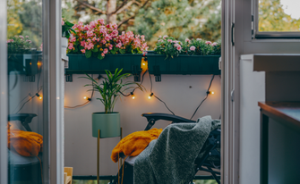 Gemütlicher Balkon bei Dämmerung mit leuchtender Lichterkette, Blumenkästen an der Brüstung, einer Topfpflanze und einem Klappstuhl mit senfgelbem Strickpullover und grüner Decke.