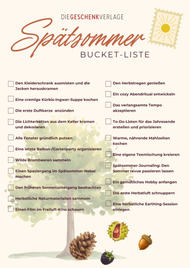 Eine Liste mit Aktivitäten für den Spätsommer. Sie ist verziert mit verschiedenen Natur-Elementen wie einem Baum, Kastanie, Eichel , kleiner Sonnen-Postmarke und einem Tannenzapfen