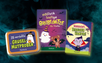 Drei Halloween-Kinderprodukte: Blechdose mit Grusel-Mutproben, Witzebuch und Vampir-Kartenspiel auf dunklem Grund.