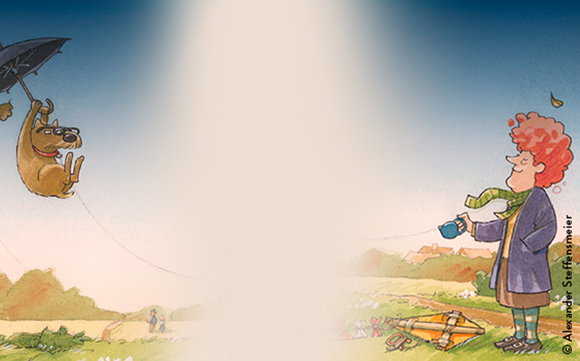 Illustration: Eine Frau lässt bei Wind einen Hund mit Regenschirm wie einen Drachen an der Leine in den Himmel steigen.