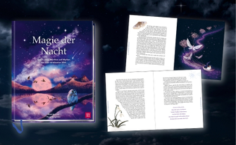 Buchcover und aufgeschlagene Innenseiten des Buchs „Magie der Nacht – Geschichten, Märchen und Mythen“ aus dem Groh Verlag.