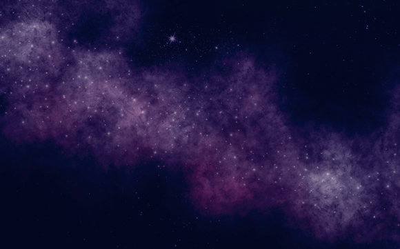 Kosmischer Hintergrund im Panoramaformat mit einer lila-violetten Galaxie und funkelnden Sternen im dunklen Weltall.