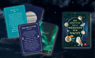 Orakelkartenset „Die geheimnisvolle Weisheit der Nacht“ von Groh mit illustrierten Orakelkarten zu Polarlichtern und Jupiter.