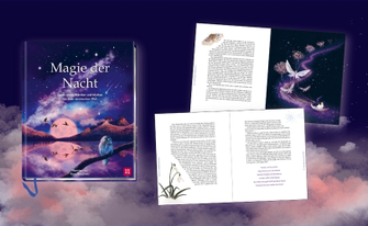 Buchcover 'Magie der Nacht' mit Eule und Mondlicht neben zwei aufgeschlagenen Doppelseiten im Nachthimmel.