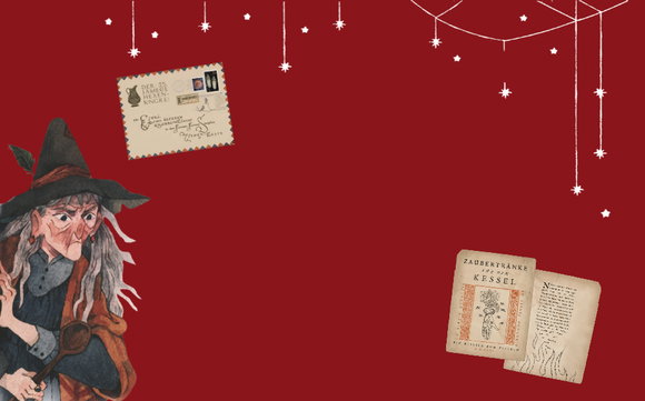 Roter Banner mit einer Hexe und Zauberei-Motiven wie einem Brief, einem Zaubertrank-Buch und hängenden Sternen.