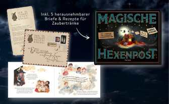 Buch „Magische Hexenpost“ von Pattloch mit einem Brief aus dem Buch, einem gestaltetem Briefumschlag und illustrierten Innenseiten.