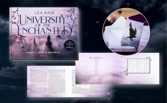 Romantasy-Buch „University of the Enchanted“ von Lea Kaib mit Rätselseite, Postkarte und Umschlag.