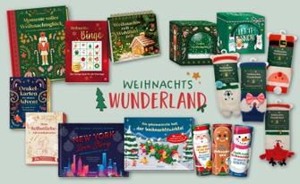 Produktübersicht 'Weihnachtswunderland' mit Büchern, Adventskalendern, Spielen und Weihnachtssocken.