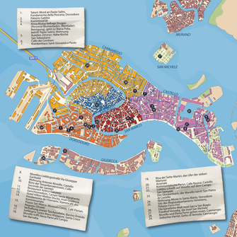 Stadtplan Venedig mit Beschreibungen zu den Handlungsorten im Buch. 