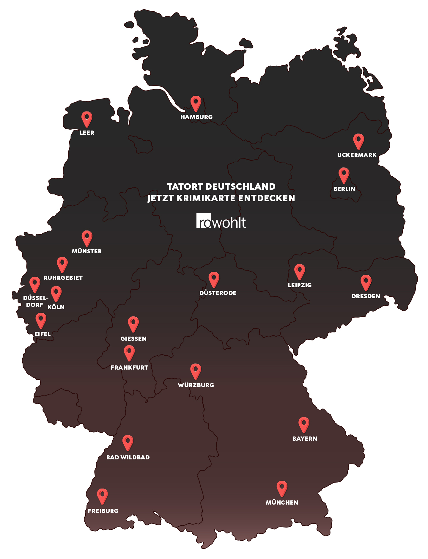 Karte von Deutschland mit Markierungen für Handlungsorte wie z.B. Hamburg, Berlin, München und Köln, in denen Krimis von Rowohlt spielen.