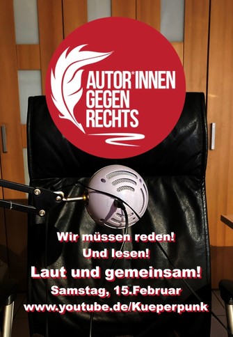 Plakat zur Lesung "Autor*innen gegen Rechts". was oben in weißer Schrift in rotem Kreis steht. Darunter ein schwarzer Bürostuhl aus Leder und ein silbrig-graues Mikrofon.