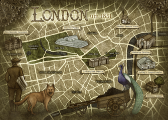 Eine grobe Karte des viktorianischen Londons auf dem einige im Roman "Joshua Jackelby" vorkommenden Gebäude hervorgehoben werden. Daneben gibt es Zeichnungen eines Vasans, eines Schäferhundes und eines Zeitungsjungen von hinten.