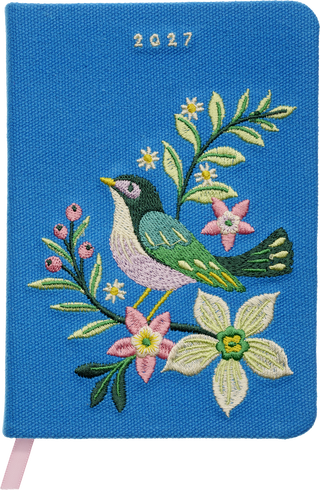 Produktbild von Taschenkalender A6 2027: Vogel und Blüten, bestickt, blau