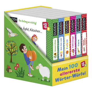Buchcover von Duden 18+: 100 allererste Wörter-Würfel: 6 Mini-Bücher